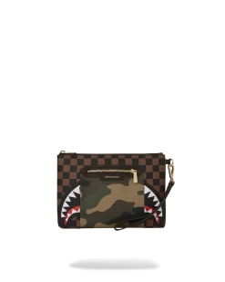 SPRAYGROUND EXTERIOR GOLD ZIP POCKET SHARKS IN PARIS CROSSOVER CLUTCH