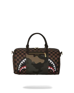 SPRAYGROUND EXTERIOR GOLD ZIP POCKET SHARKS IN PARIS MINI DUFFLE